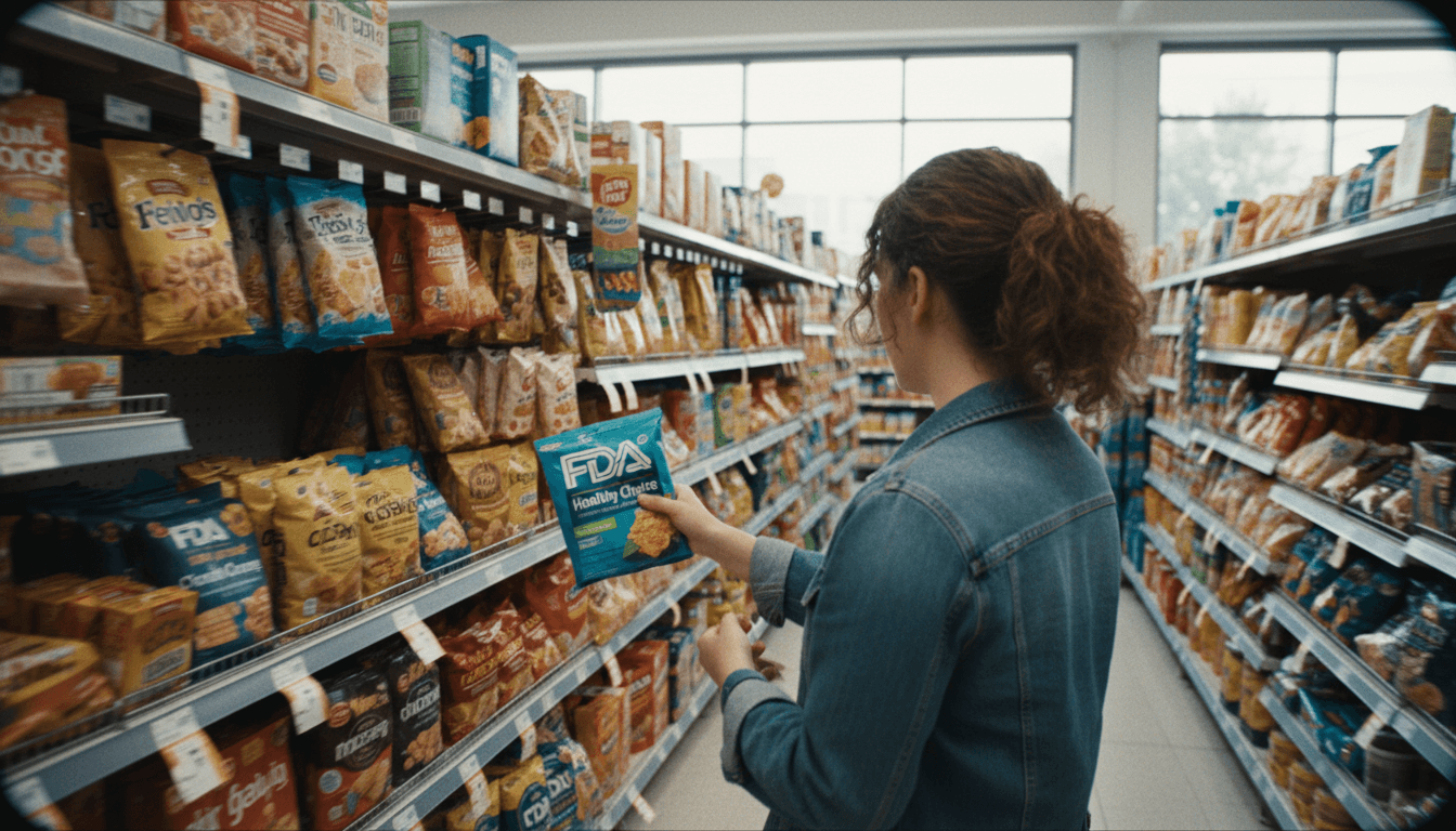 A grocery store aisle with various snack products, some prominently displaying the FDA 'Healthy' label, while a consumer points to one with the FDA 'Healthy' label.