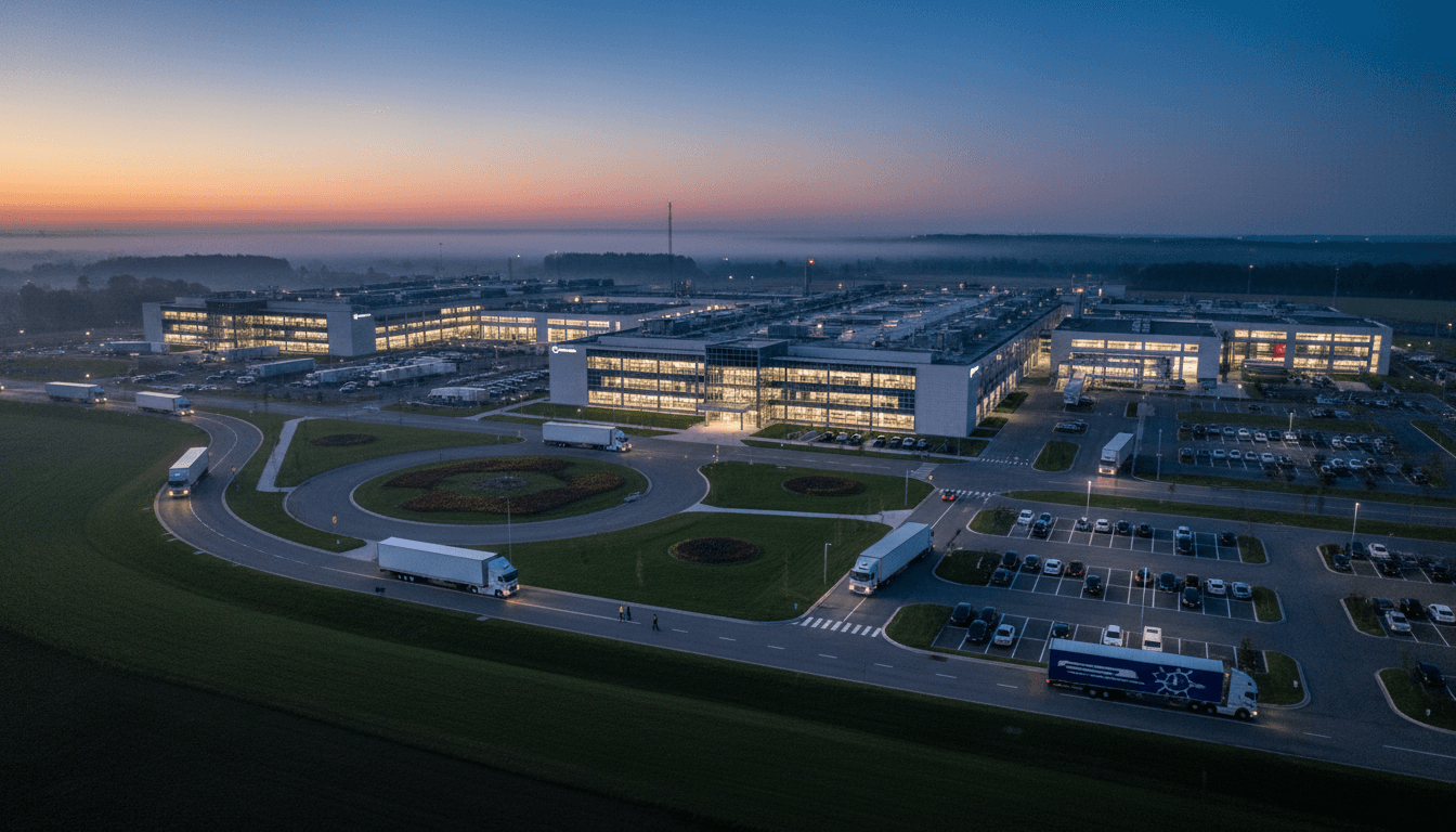 An aerial view of a modern pharmaceutical manufacturing facility, subtly highlighting the production of Merck gains FDA nod for Idvynso.