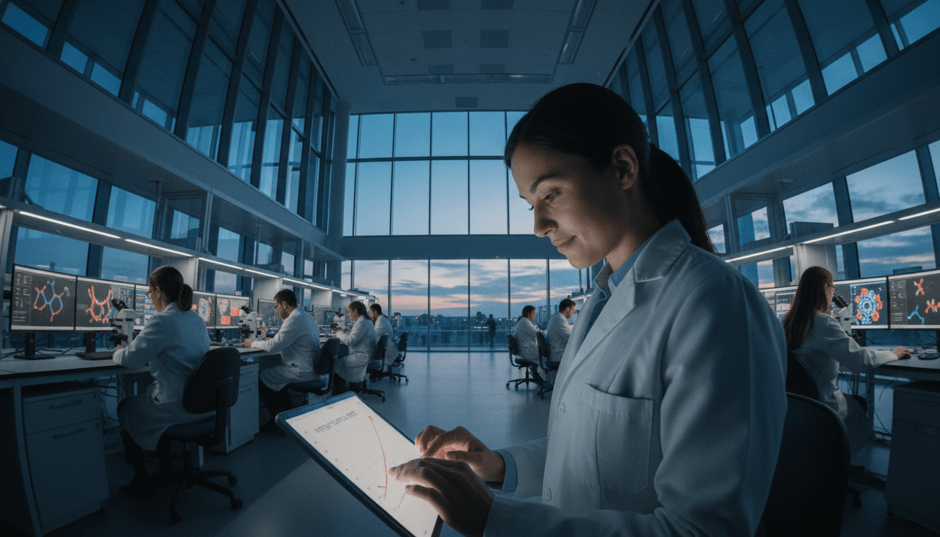 A scientific researcher in a laboratory setting examining data related to a cancer vaccine breakthrough extends survival for patients.