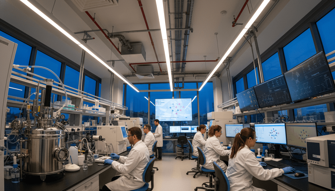 A close-up of a pharmaceutical lab setting with a scientist examining a microscope, symbolizing the research behind the SYH2059 KAT6 inhibitor.