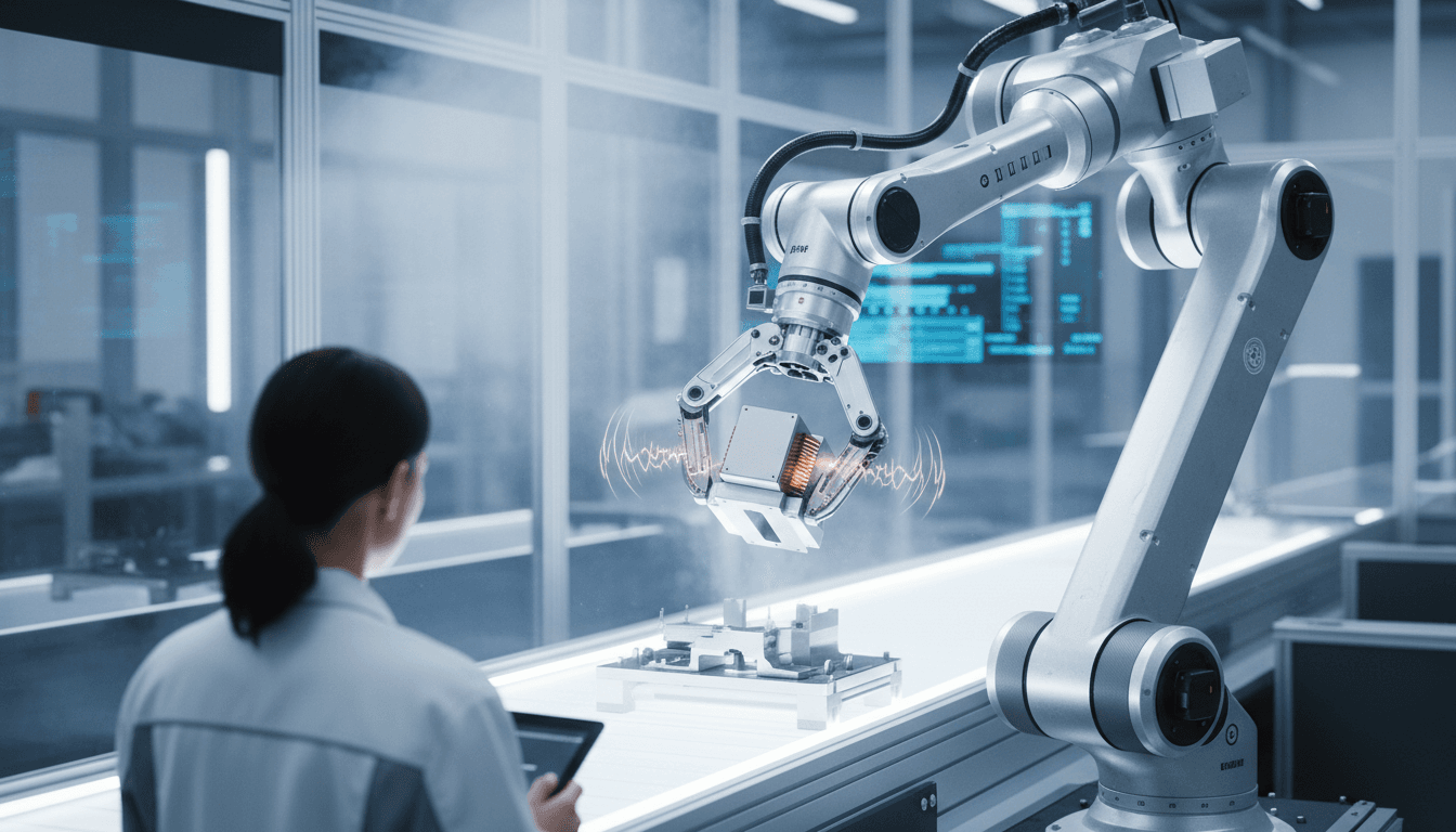 A robotic arm in an advanced manufacturing facility precisely manipulating components using an Electro-Permanent Magnet gripper.