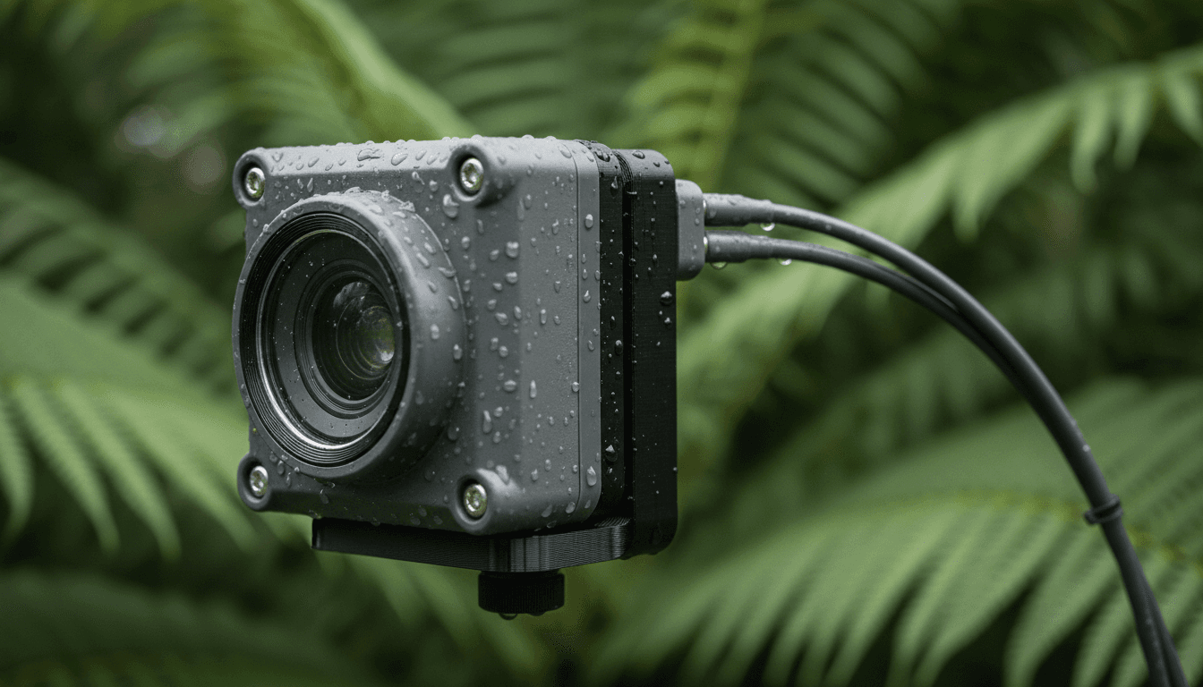 A close-up of a compact weatherproof pan and tilt cameras system, showing the Bowden cables extending from an IP-rated camera box, with a Raspberry Pi visible inside the enclosure.