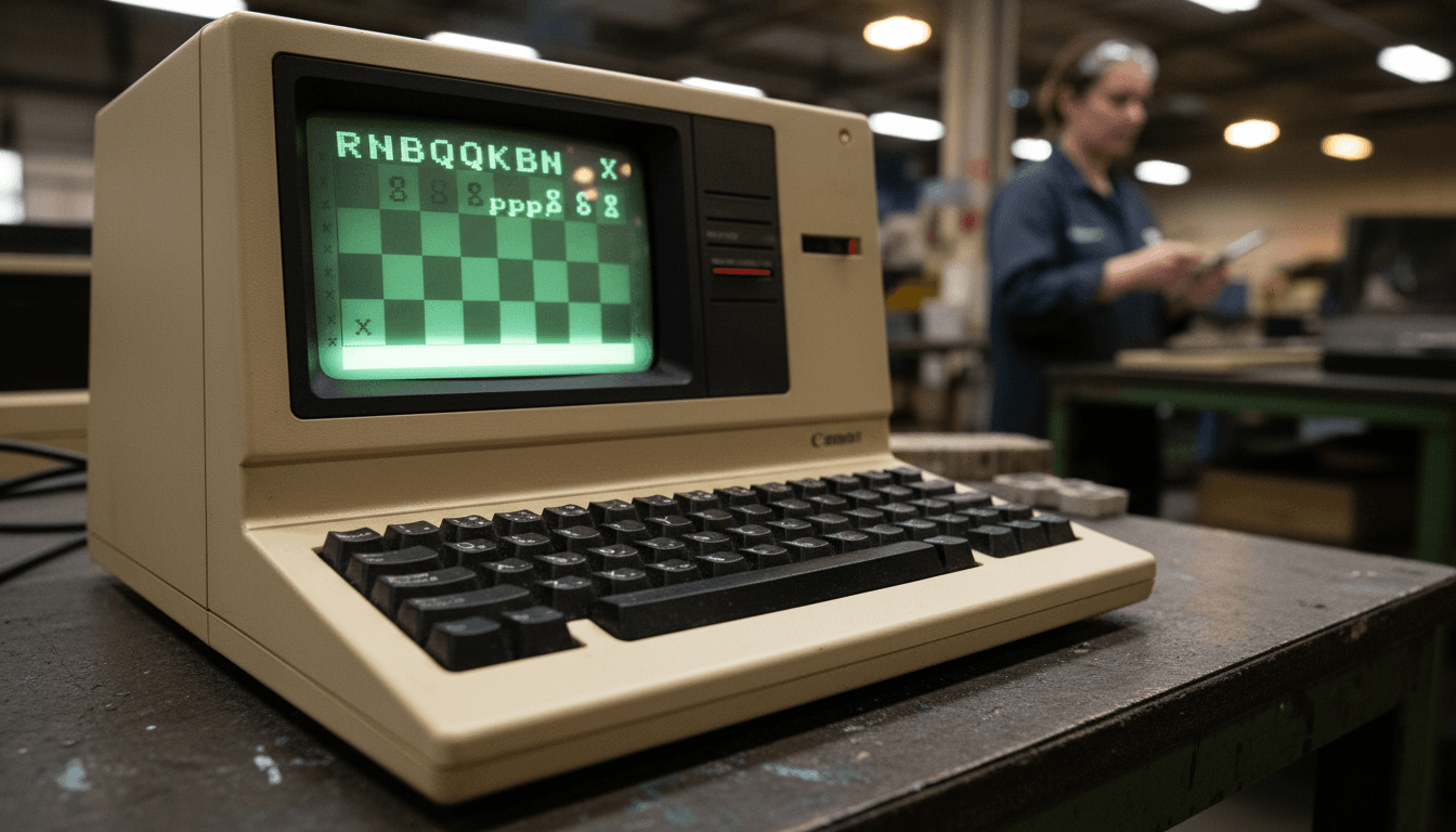 A close-up of a vintage Sinclair ZX81 microcomputer keyboard with a monochrome screen displaying a text-based chess board, illustrating the ZX81 1K Chess Code.