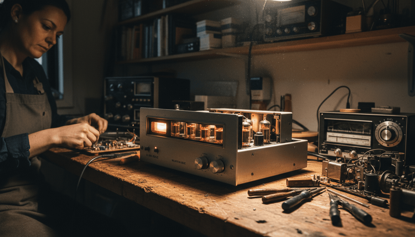 A meticulously restored vintage Heathkit tuner, glowing with renewed life, showcasing its intricate dials and polished casing, symbolizing a successful Heathkit tuner restoration.