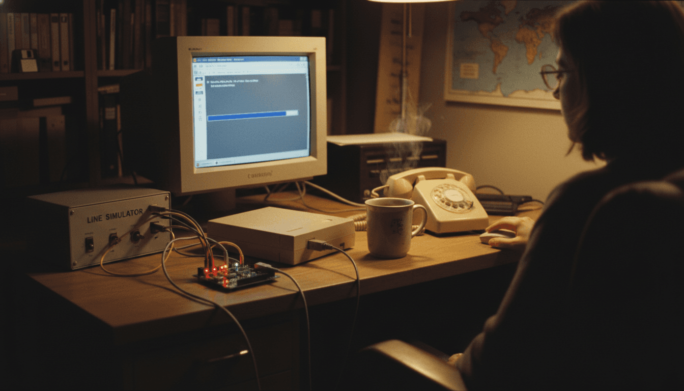 A close-up of a Raspberry Pi connected to an old USB modem, with a vintage landline phone receiver resting beside a 'two-way line simulator' device, all bathed in the warm, nostalgic glow of an old CRT monitor displaying a slowly loading webpage, embodying the Raspberry Pi dialup ISP.