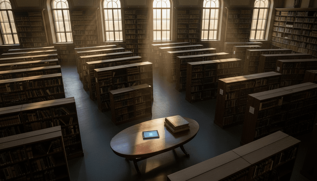 A dimly lit, empty legal library with rows of ancient law books, a single modern tablet glowing faintly on a table, symbolizing how lawyers can't stop using AI.