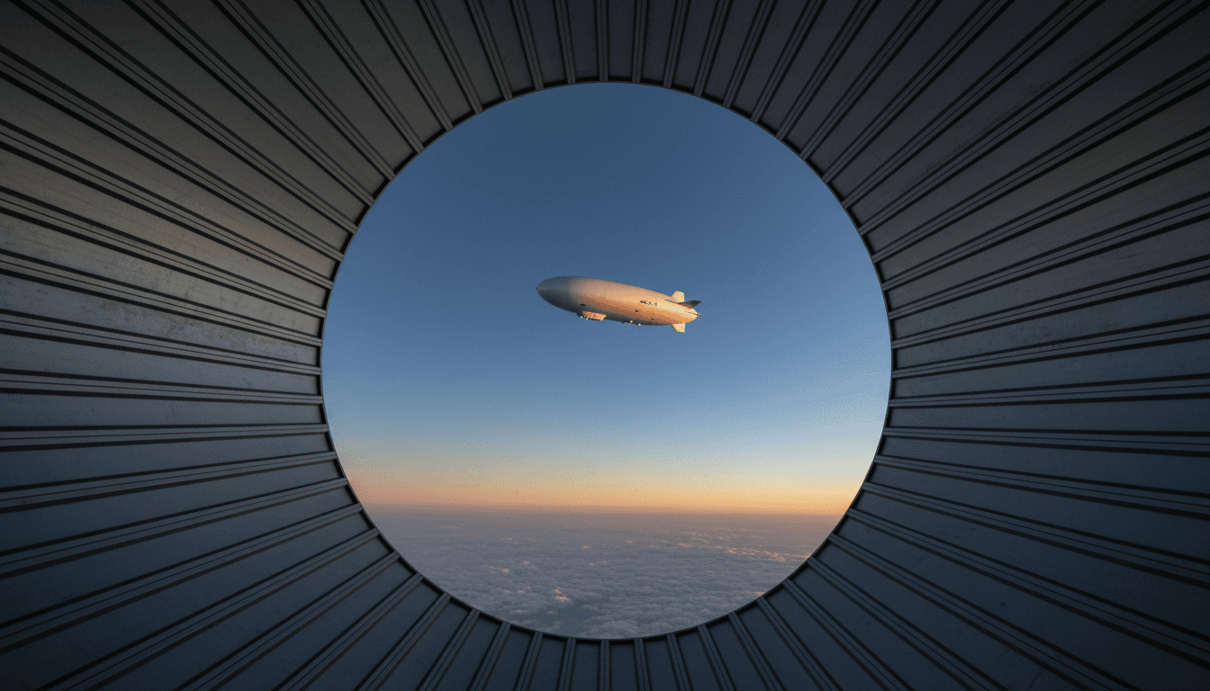 High-altitude dirigible serving as a flying cell tower for lower-latency connectivity, floating above clouds.