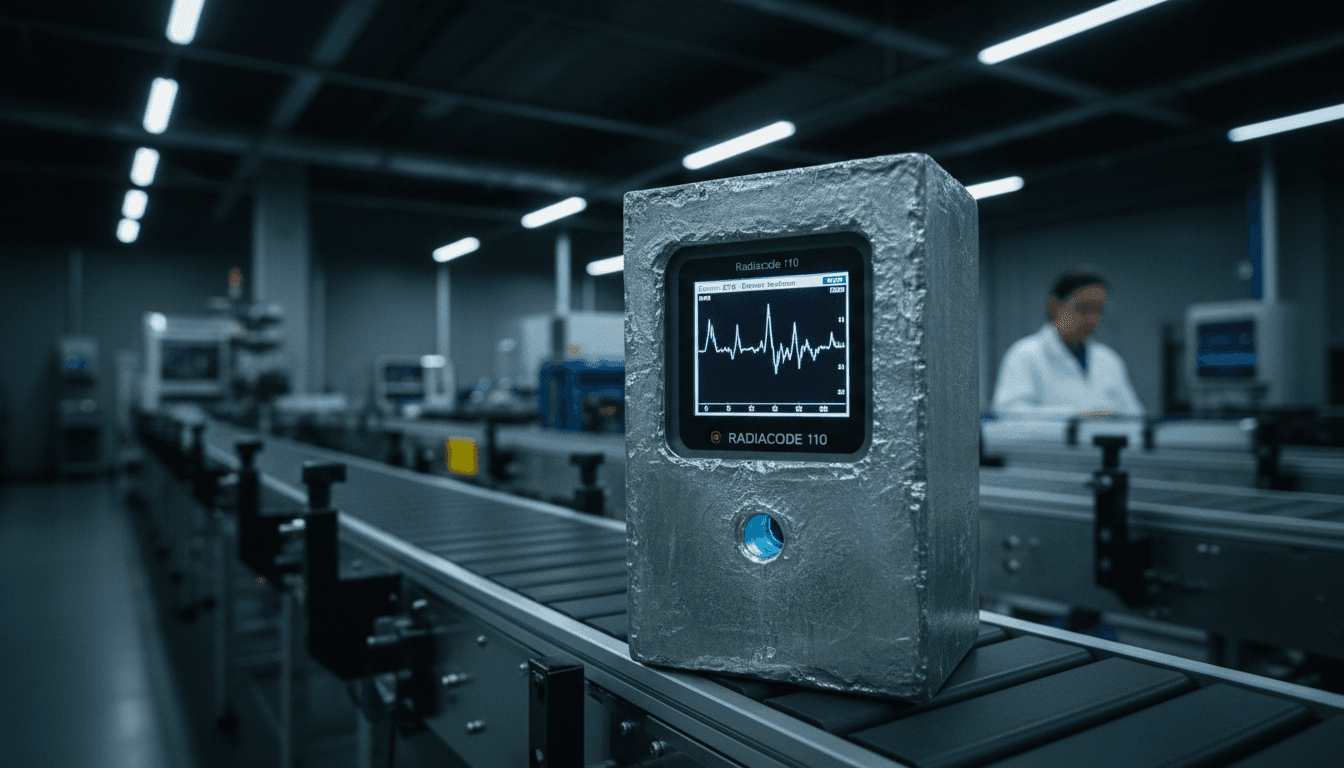 Close-up of a Radiacode 110 X-ray and gamma ray detector with a lead enclosure, highlighting its small measurement opening, investigating gamma ray wave-particle duality.