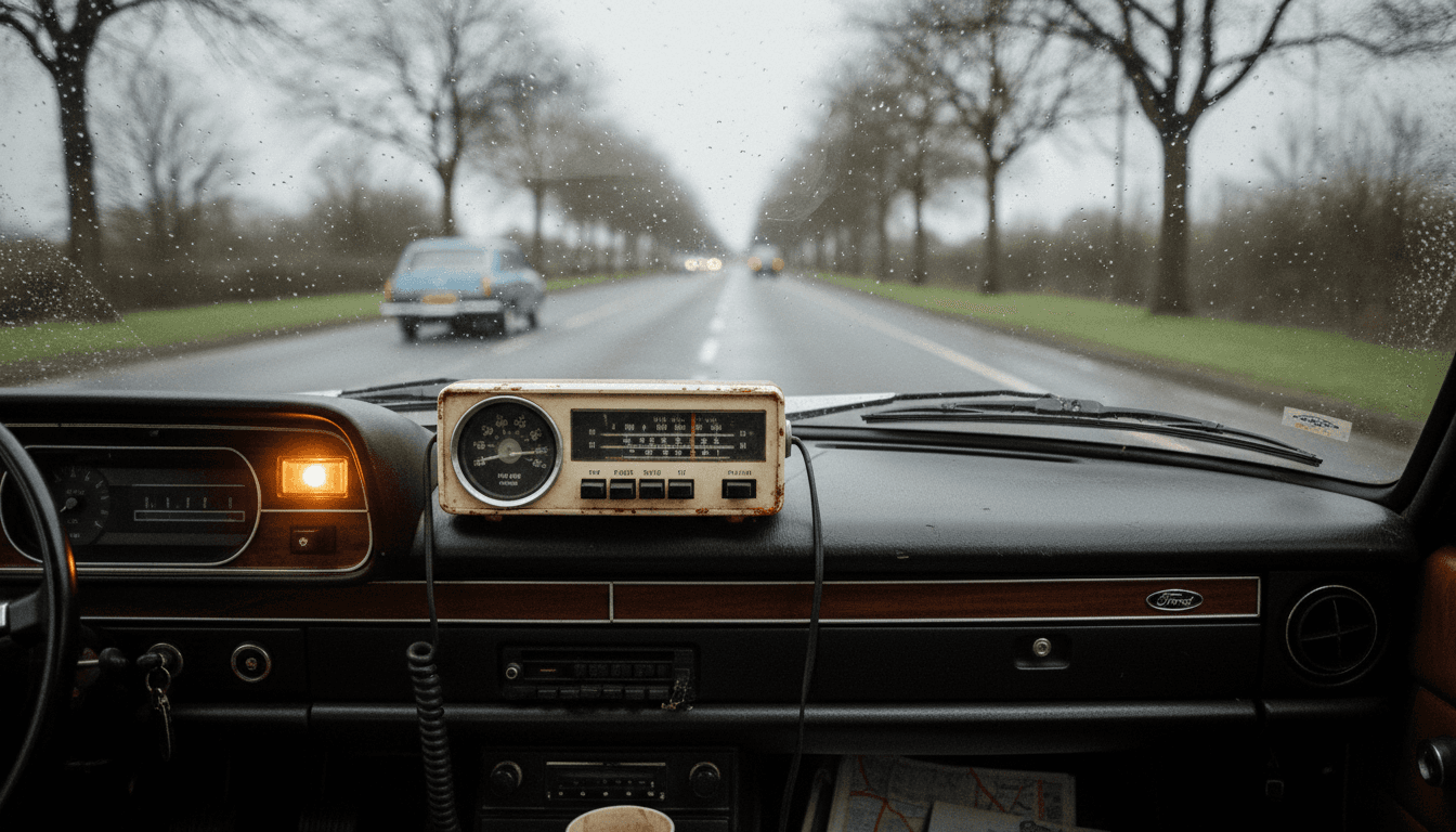 An old, well-worn 934 MHz CB radio unit with a coiled microphone, set against a blurred backdrop of a 1970s British Ford Capri interior.