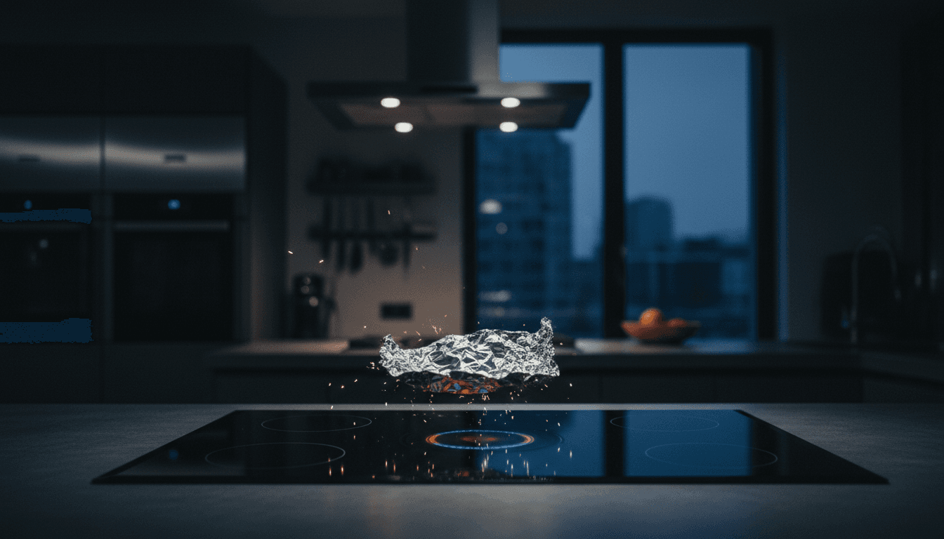 Aluminium foil levitating above an induction cooktop, demonstrating magnetic levitation with induction cooktops.