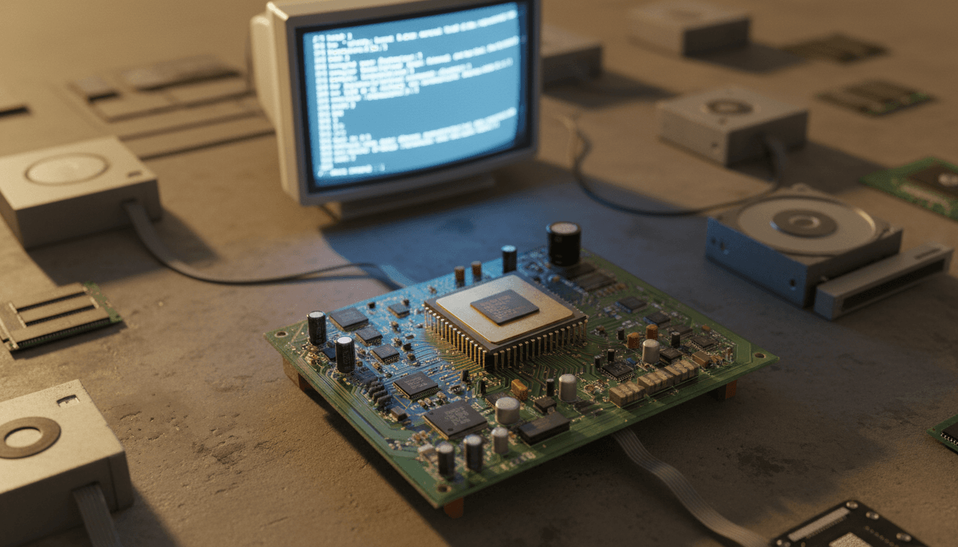 A vintage Intel 486 CPU chip resting on a green circuit board, with a blurred Linux kernel code snippet displayed on a monitor in the background, symbolizing the Intel 486 support likely to be removed in Linux 7.1.