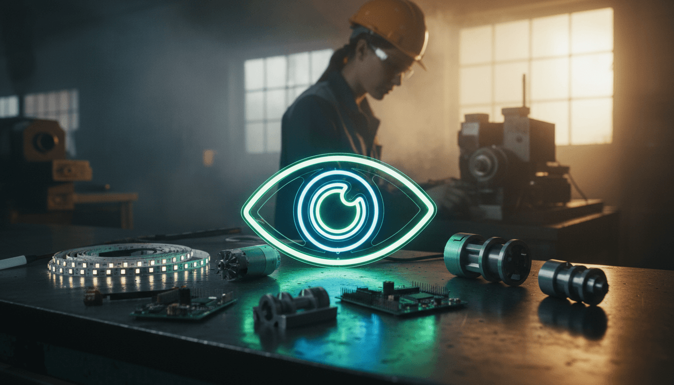 A close-up of a blinking, glowing eye created with faux-neon LED animations, showcasing the flexible LED strips and mechanical components.