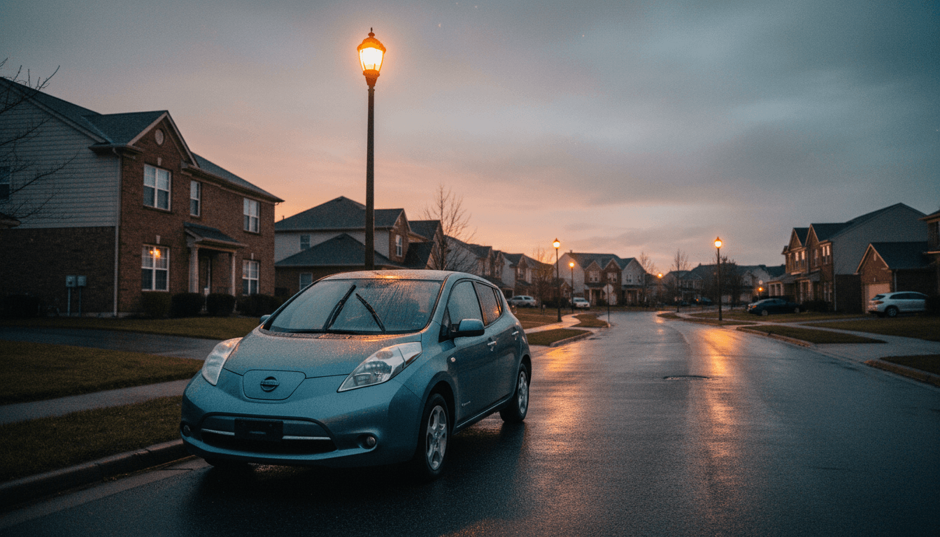 A Nissan Leaf EV with a darkened dashboard, symbolizing the NissanConnect app shutdown for older Leaf EVs and loss of remote functionality.
