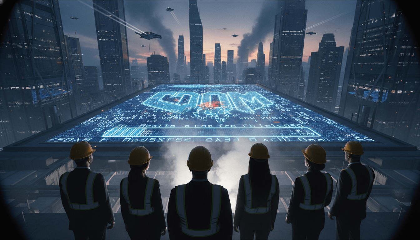 An aerial view of a digital screen displaying the classic DOOM interface, rendered in an abstract, pixelated style using a TrueType font, with faint lines suggesting font character outlines.