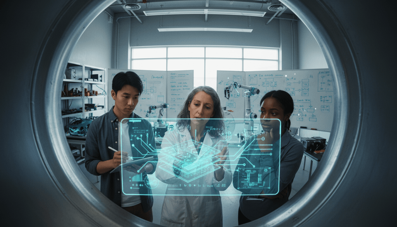 A diverse group of engineers, one experienced mentor guiding younger professionals, collaborating around a complex technical diagram to fast-track career growth.