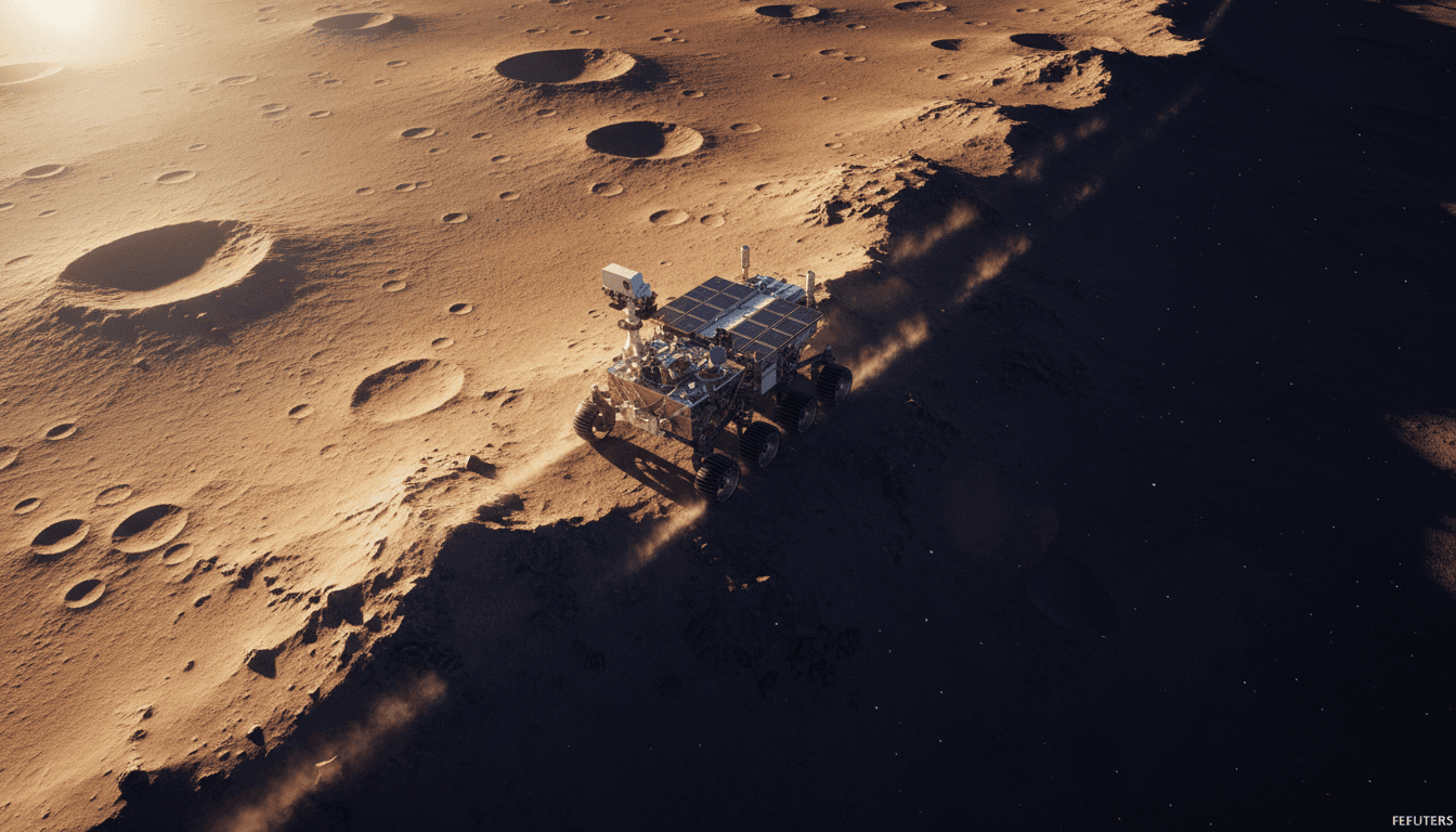 An artistic rendering of a Mercury rover exploration vehicle traversing the terminator line on Mercury's surface, with the sun low on the horizon.