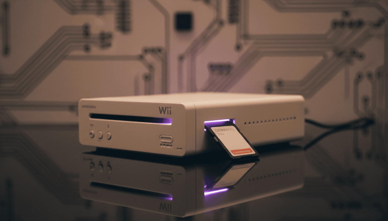 A Nintendo Wii console with a glowing purple light emanating from its disc slot, symbolizing the 'Twilight Hack' unlocking hidden potential.