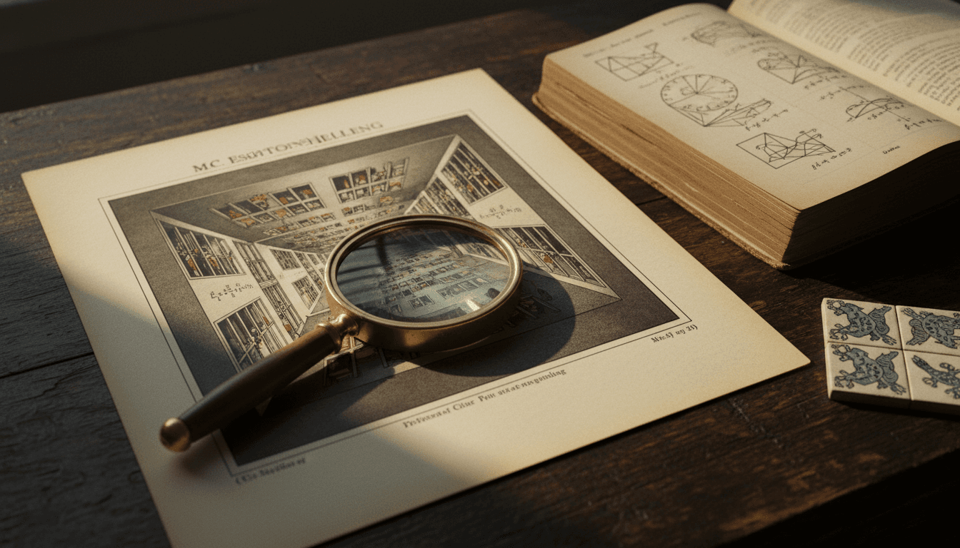 A detailed close-up of M.C. Escher's 'Prentententoonstelling' (Print Gallery) showing the Droste effect and a central void, emphasizing Escher's mathematical transformations.