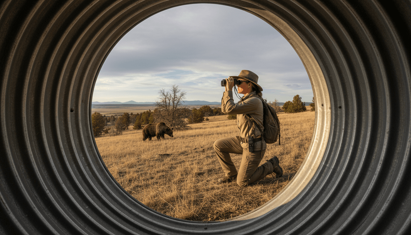 A wildlife first responder biologist in a field, observing grizzly bears from a distance, highlighting the importance of wildlife first responder roles.