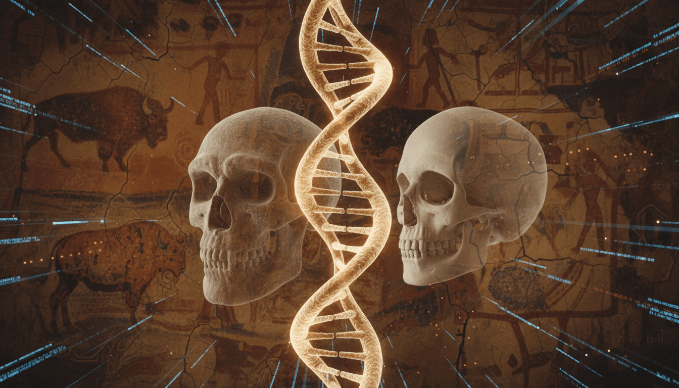 An illustration depicting a stylized double helix of DNA intertwined with faint, ghostly outlines of both a modern human and a Neanderthal skull, representing the complex relationship of inner Neanderthal genes.