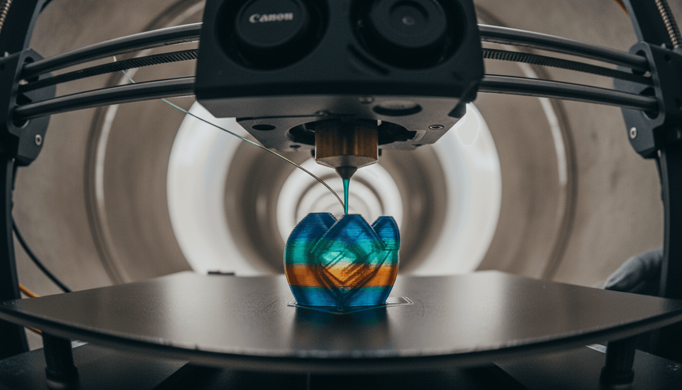 Close-up of a 3D printer nozzle extruding incredibly thin, translucent layers of different colored filaments, demonstrating the Full Spectrum 3D printing technique.