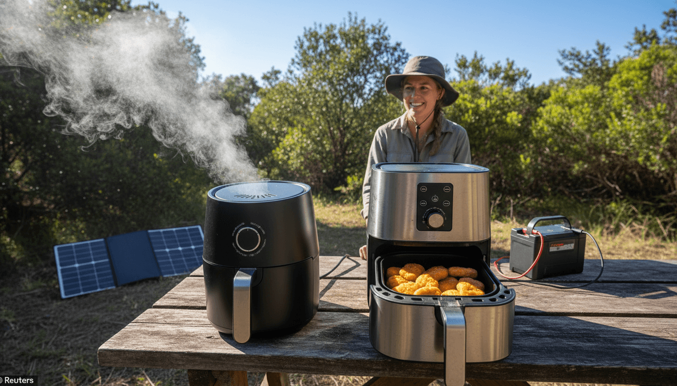 A 12V air fryer and a 240V air fryer side-by-side on a rustic wooden picnic table in a sunny, green campsite, with chicken nuggets cooking inside, illustrating 12V air fryer performance.