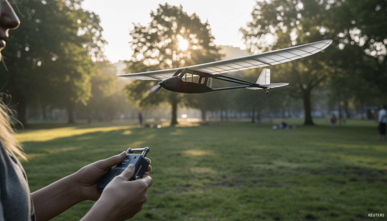 A small, lightweight 3D-printed model supercapacitor plane takes flight in a park, powered by a supercapacitor, with a hand-crank generator visible nearby.
