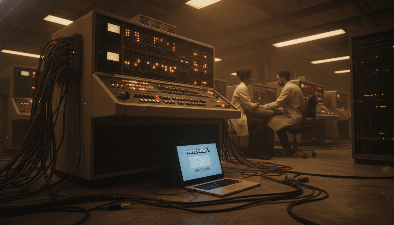 A vintage 1960s UNIVAC mainframe computer with a modern laptop screen displaying a Minecraft login interface connected via serial cables, symbolizing Running Minecraft on UNIVAC.