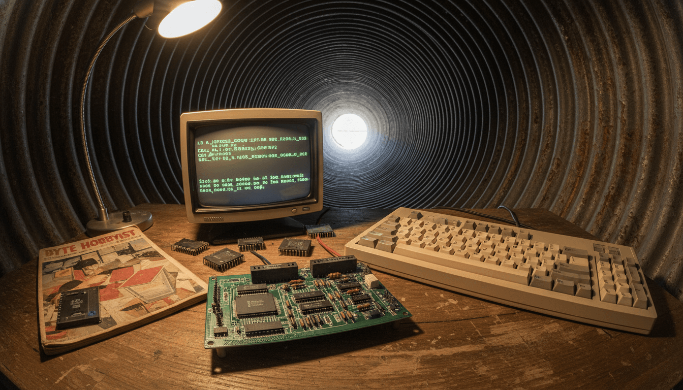 A retro TEC-1G single-board computer with a QWERTY keyboard add-on, displaying AI Z80 assembly code on its screen.