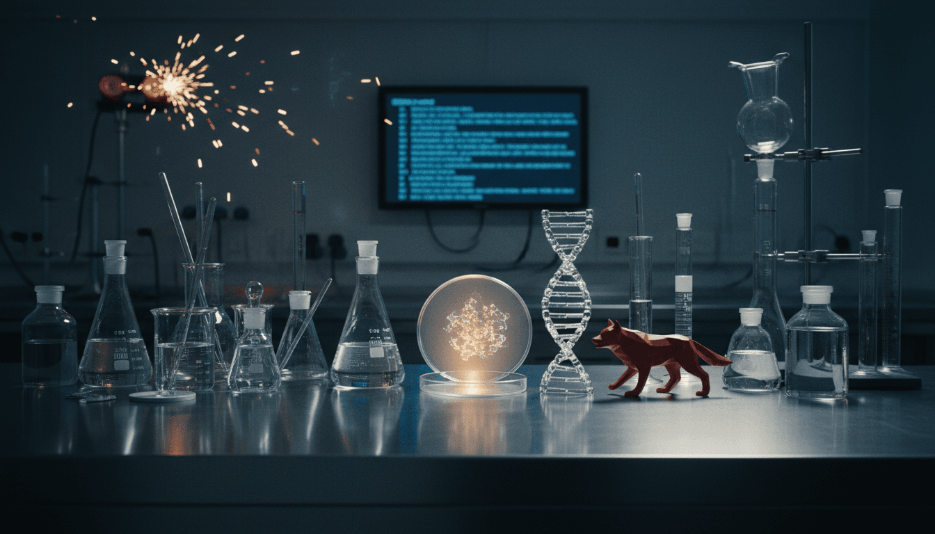 A scientific laboratory setting where the process of Colossal Biosciences cloned red wolves is depicted, with DNA strands and lab equipment.