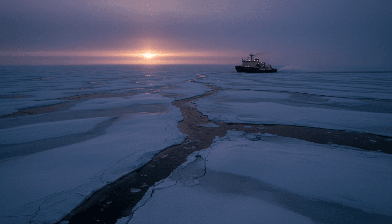 An icebreaker ship breaking through thick Arctic ice, revealing new clues about the North Pole's past beneath the surface.