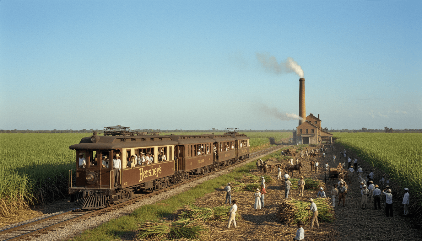 An early 20th-century electric train from Hershey's Railway Transforms Cuban Sugar Transport moving through lush Cuban sugarcane fields.