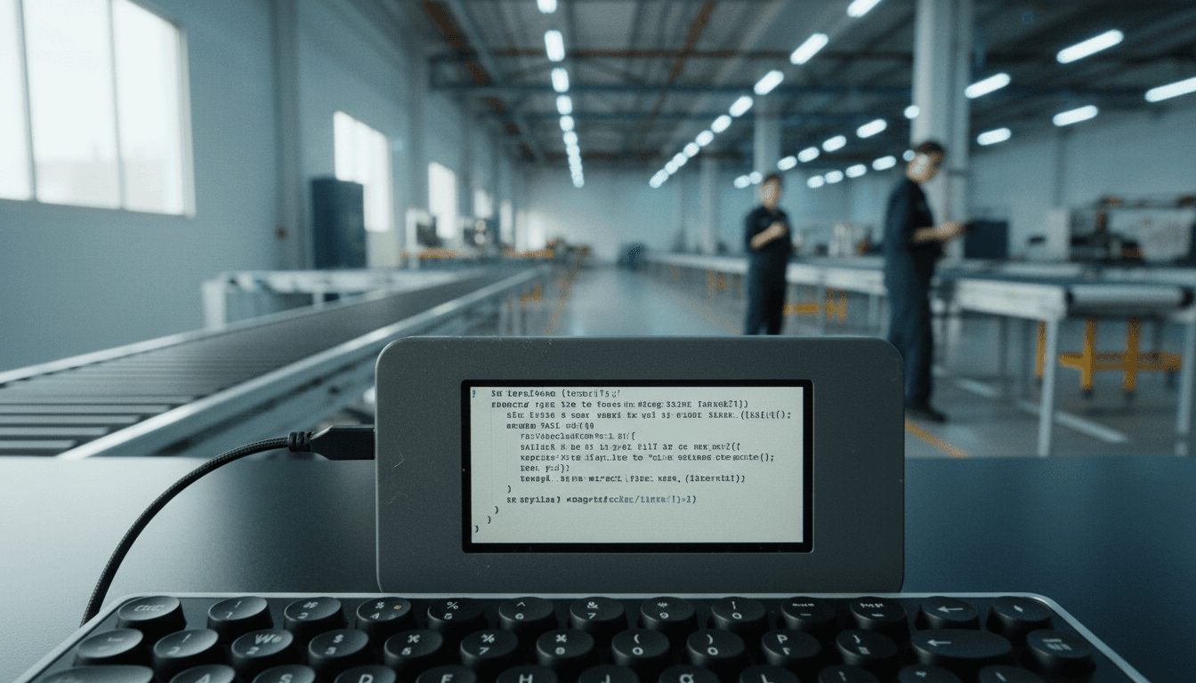 Close-up of the 'etyper' device, showcasing its e-paper screen displaying plain text, with a wired USB-C keyboard connected, emphasizing its minimalist design and low-power writing tool function.