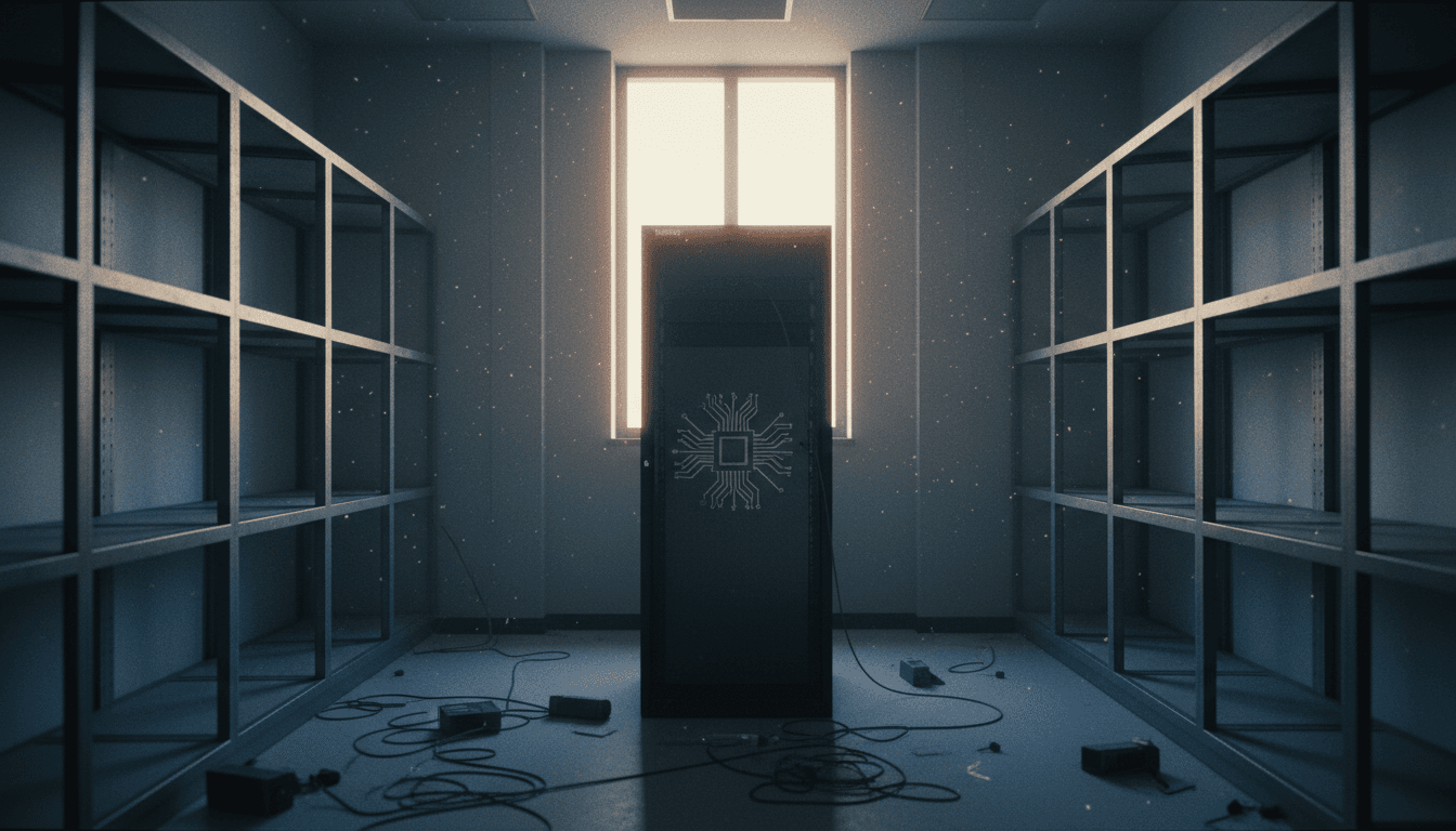 An empty server room with a single, dimly lit rack featuring a conceptual Intel Itanium processor chip, emphasizing its failure.