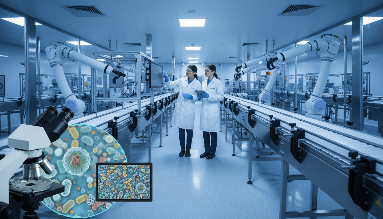 Microscopic view of diverse gut bacteria impacting cancer immunotherapy, showing various microbial shapes and colors.