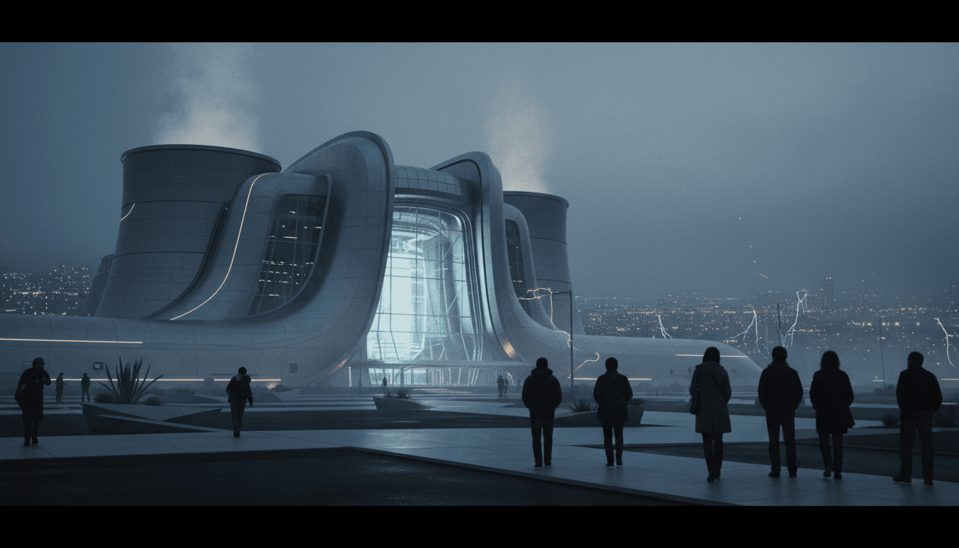 A futuristic fusion power plant glowing with internal energy, illustrating the challenge of making fusion power be cheap.