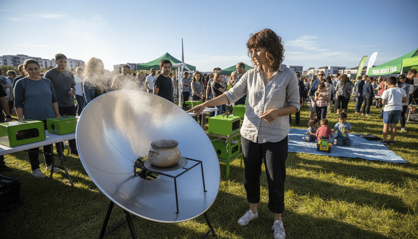 A person demonstrating a solar oven at the 2026 Green Powered Challenge event, showcasing how to cook with the sun.