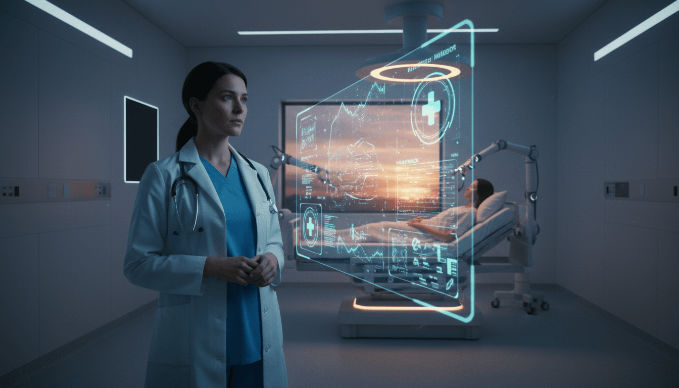 A doctor reviews digital patient records on a tablet, with subtle glowing lines representing Health-care AI impacts patients.