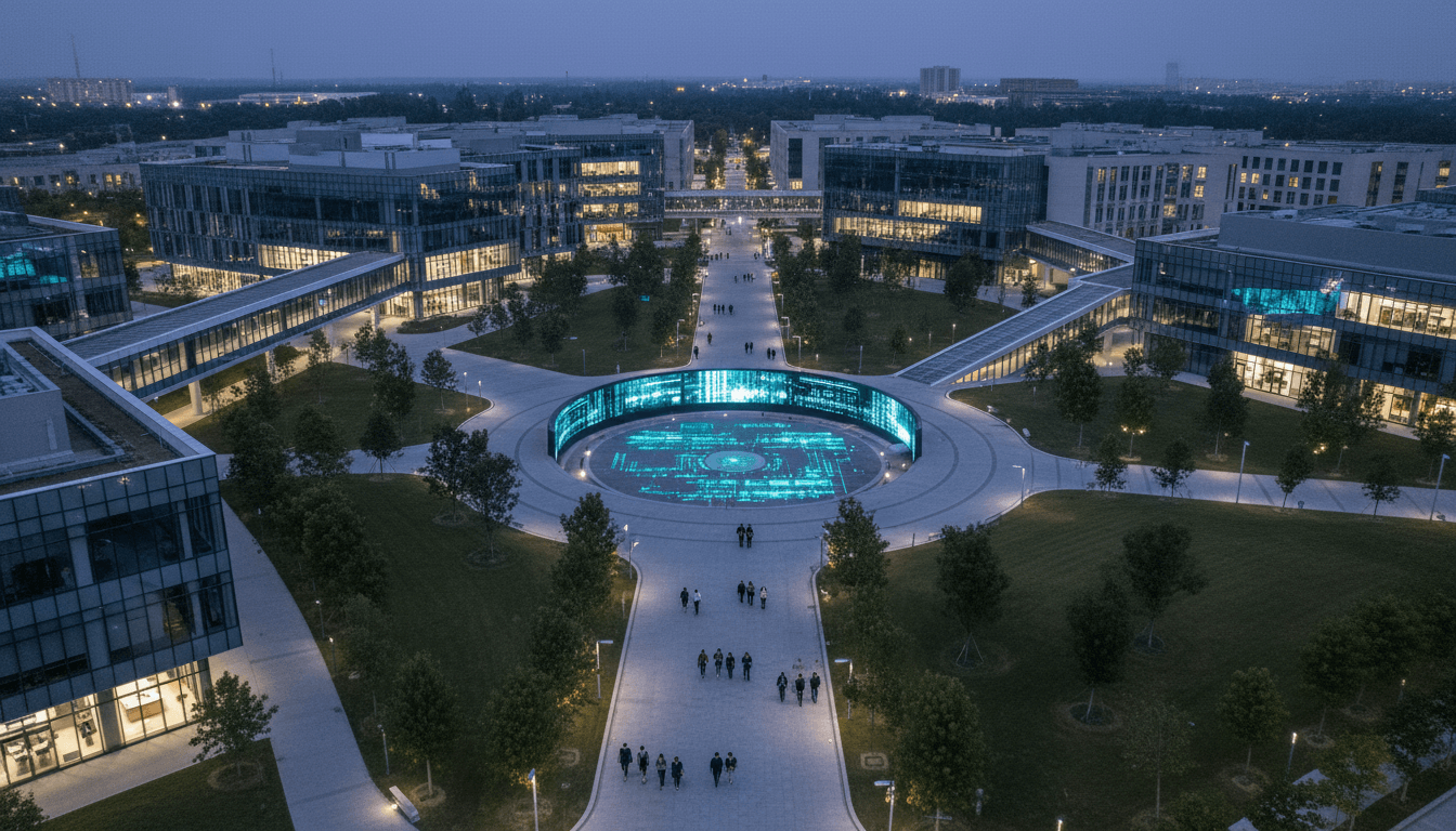 Aerial view of a modern university campus where Yong Wang reshapes data visualization research.