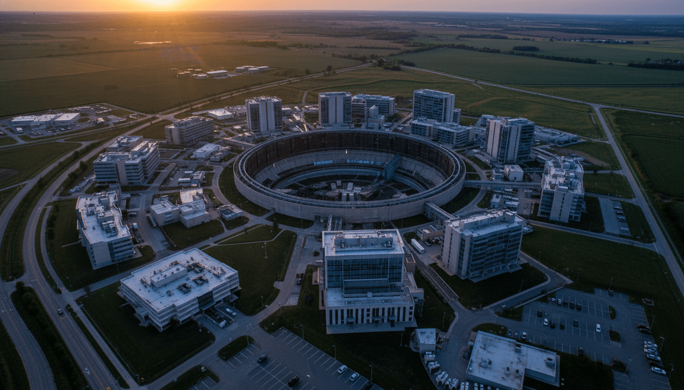 Aerial view of a particle accelerator ring at Fermilab, highlighting the precise measurement of the muon magnetic moment.