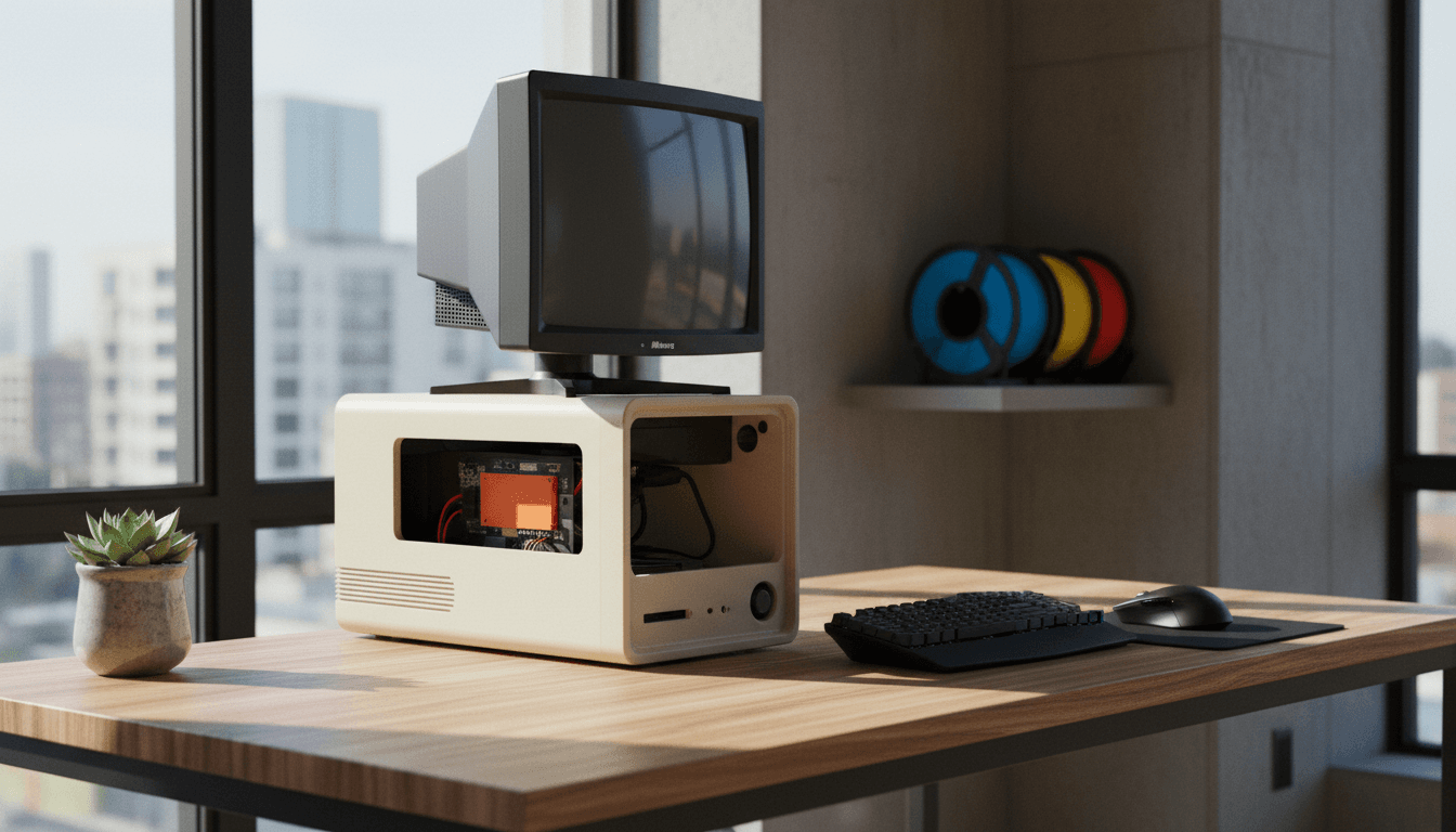 A meticulously crafted 3D print retro desktop case sitting on a wooden desk, housing a modern single-board computer.