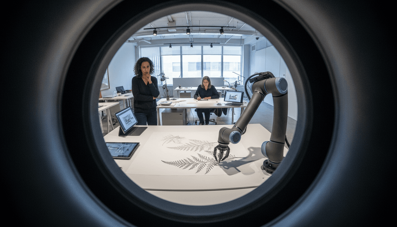 A penPal Robotic Drawing Assistant precisely sketching a complex, abstract design on a large canvas, showcasing its advanced capabilities.