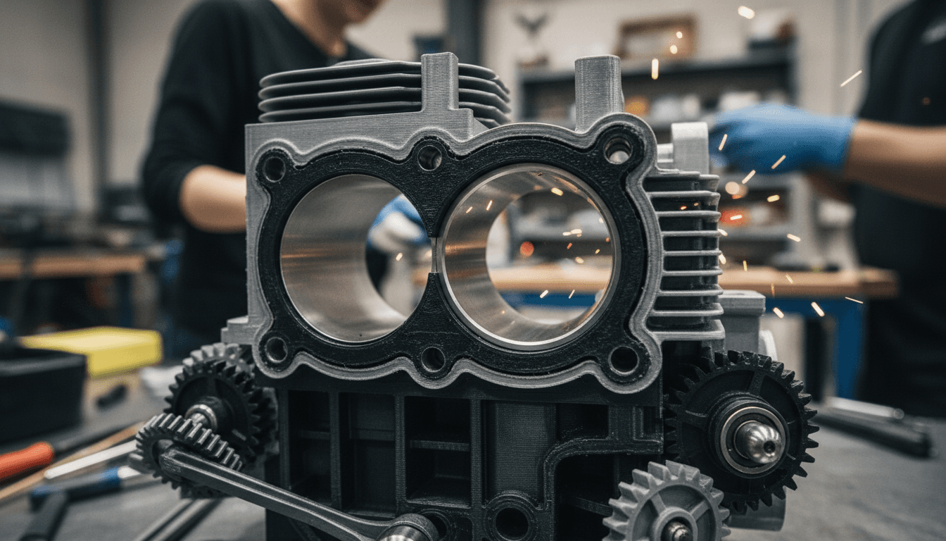 Close-up of a partially assembled 3D prints internal combustion engine, showcasing plastic components and a stainless steel sleeve.