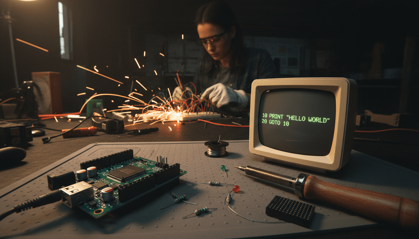A close-up of an Arduino UNO board with a monitor displaying a simple Basic code snippet, highlighting Arduino UNO programming.