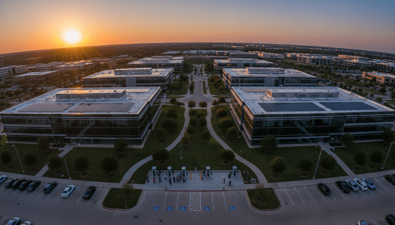 Aerial view of a modern Texas Instruments campus, with solar panels and green spaces, symbolizing how Texas Instruments boosts open-source development.