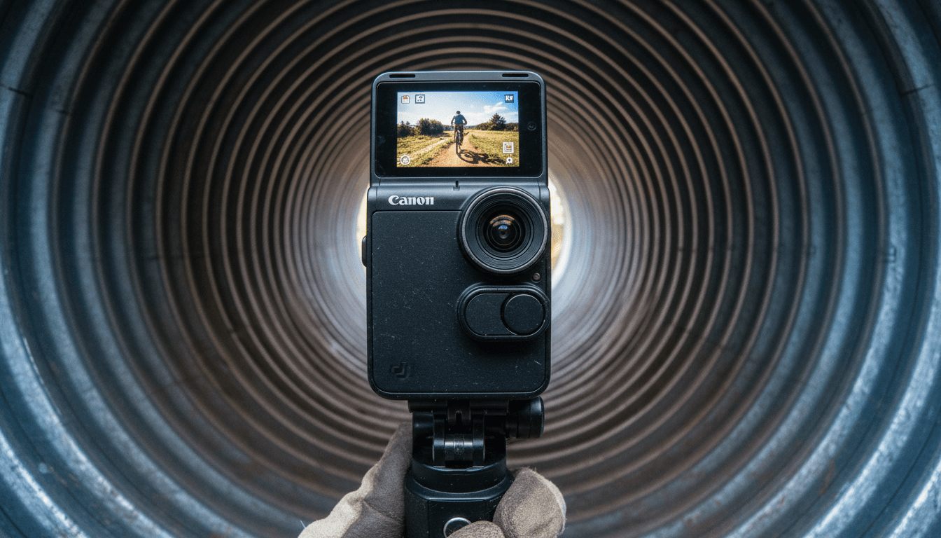 A close-up of the DJI Osmo Pocket 4 handheld camera with its rotating screen illuminated, showcasing its compact design and gimbal.