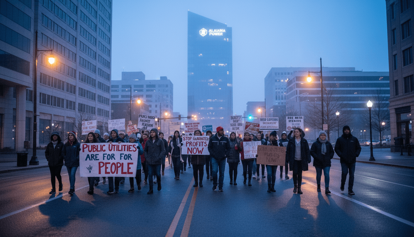 Protestors marching with signs about utility regulation bill towards Alabama Power headquarters