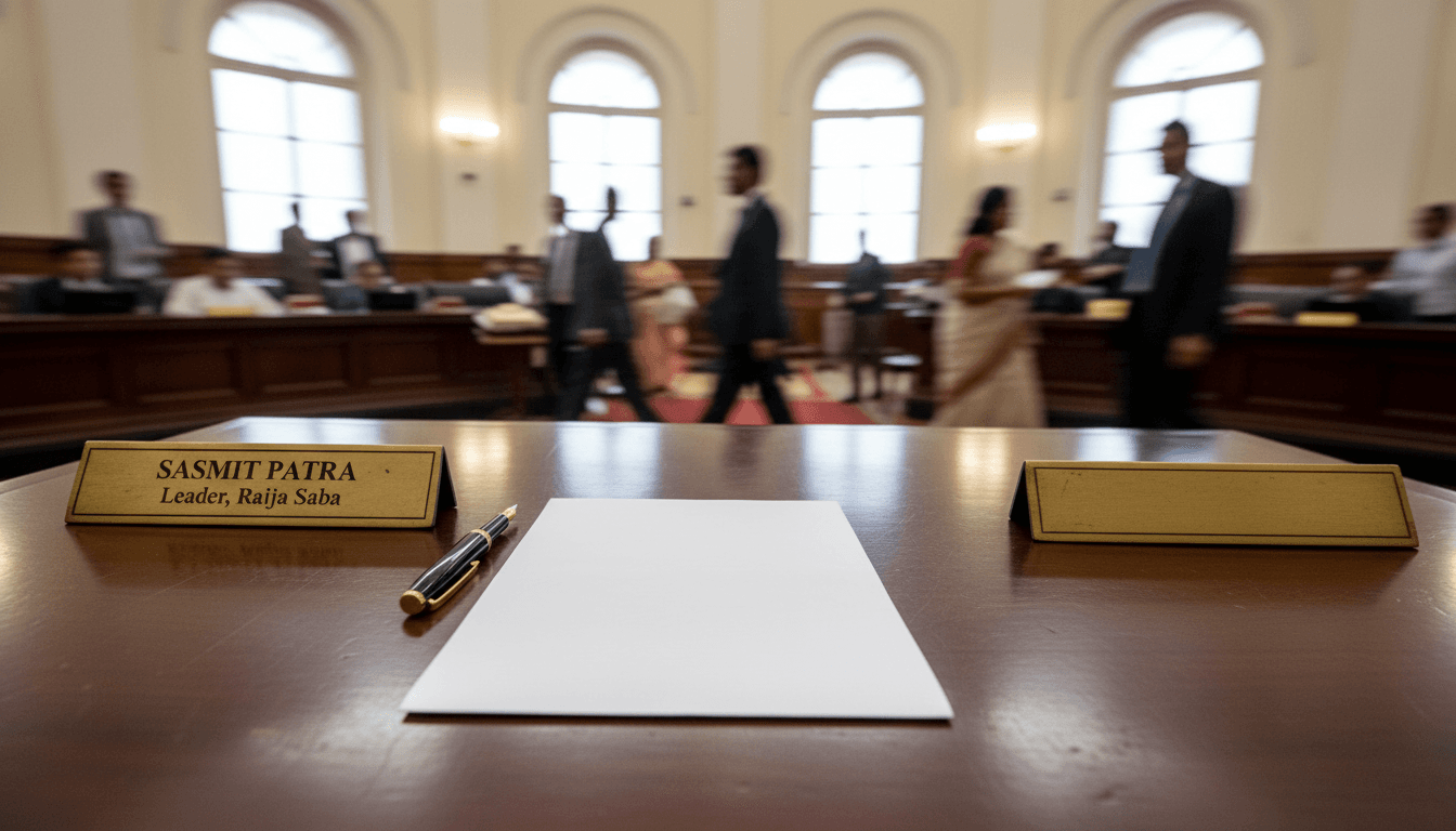 A formal, polished wooden desk with a nameplate reading 'Sasmit Patra' and another, empty nameplate, symbolizing the BJD leadership change.