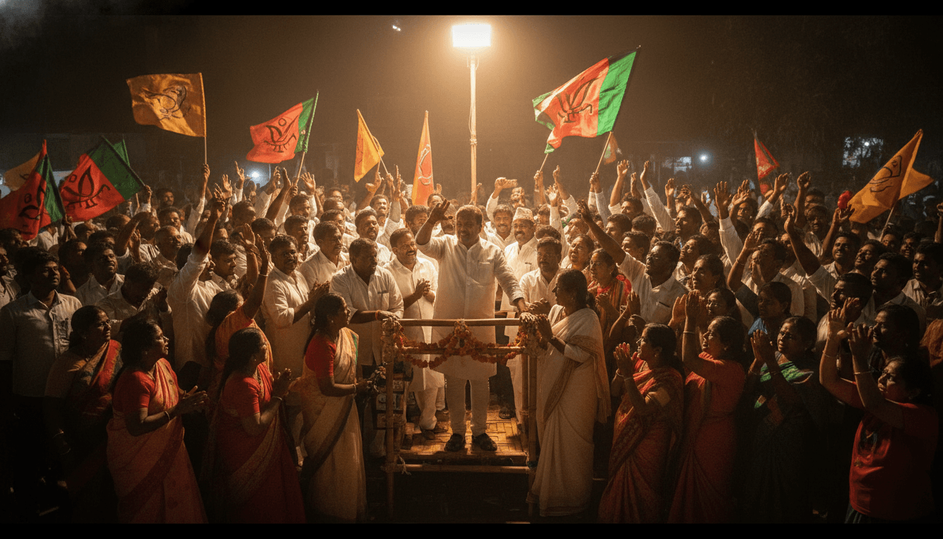 A vibrant political rally for Kerala Elections 2026 with party flags waving and supporters cheering.
