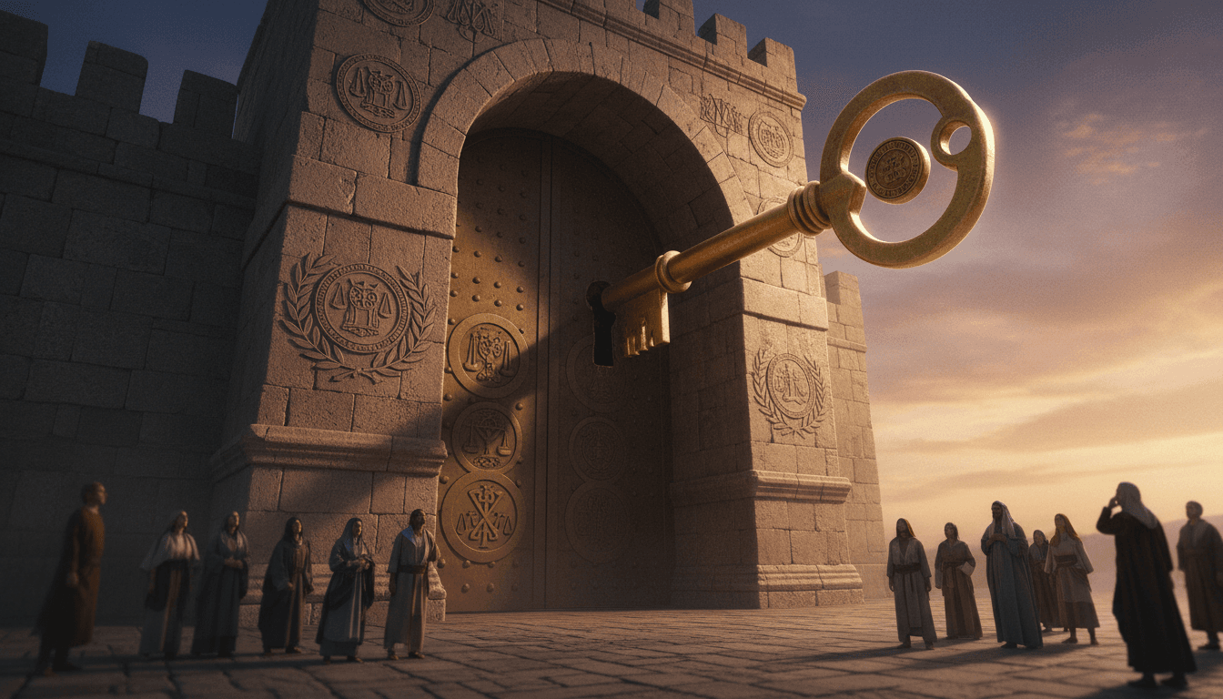 A conceptual image depicting a large, ornate golden key (representing state law) suspended just above an intricate, locked city gate (representing Los Angeles), with the key unable to open the gate, symbolizing the California SB 79 holdout.